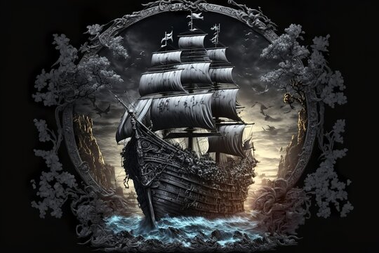 Pirate sailing ship gold and silver logo in Neverland with black background