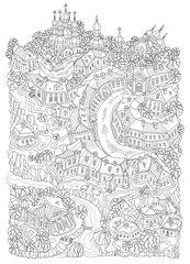 Vector black and white contour fantasy landscape, fairy tale small town town street, church, houses, garden trees and river. Adults and children Coloring Book page 