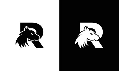 Initial letter R with horse vector logo design. Horse Letter R Illustration Template Icon emblem Isolated.
