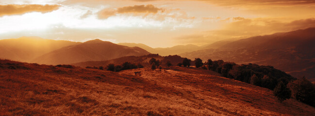 scenic sunset landscape, beautiful morning view in the mountains