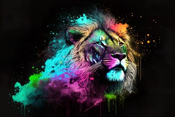 Painted animal with paint splash painting technique on colorful background lion - obrazy, fototapety, plakaty