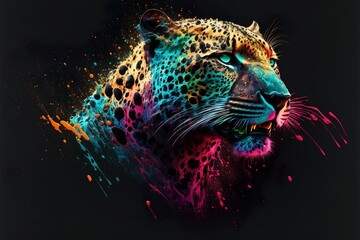 Painted animal with paint splash painting technique on colorful background jaguar