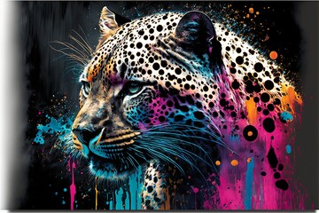 Painted animal with paint splash painting technique on colorful background jaguar - obrazy, fototapety, plakaty