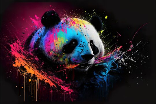 Painted animal with paint splash painting technique on colorful background panda