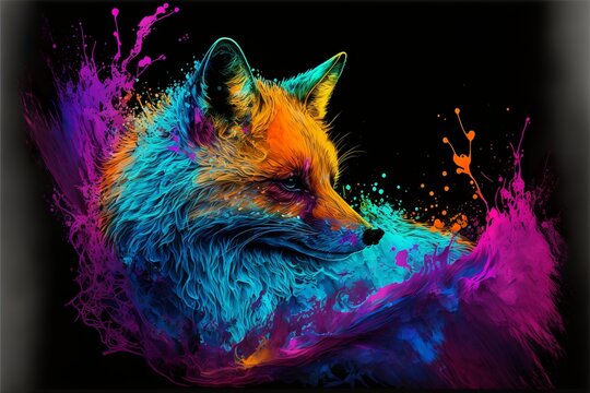 Painted animal with paint splash painting technique on colorful background fox