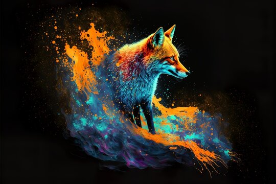 Painted animal with paint splash painting technique on colorful background fox
