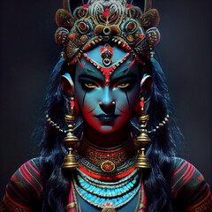 Goddess Kali portrait illustration. Hindu god Mahakali, Bhadrakali, or Kalika  - obrazy, fototapety, plakaty