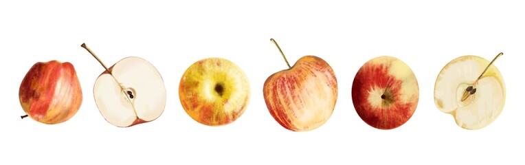 Apple pink red with stripes yellow whole and cut half with seeds on a white background set, hand drawn digital drawing.