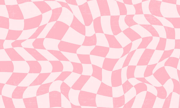 Checkerboard Background In Pink Colors,  Retro Groovy Wavy Psychedelic Checkerboard Pattern. Vector Illustration