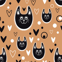 Funny black cats. Faces of cats pattern. Seamless ornament for different designs
