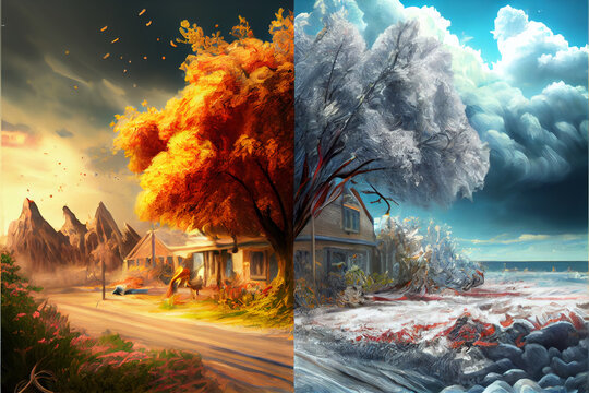 Landscapes and changing seasons in one scene with an old tree