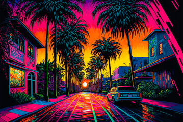 Miami Florida street, acrylic painting. Generative AI - obrazy, fototapety, plakaty