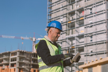 Engineer worker using tablet at construction site
