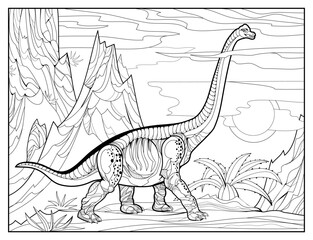 Coloring book for children and adults. Illustration of brontosaurus. Prehistoric dinosaur. Jurassic world. Black and white vector. Zentangle style image. Printable page for drawing and meditation. © nataljacernecka