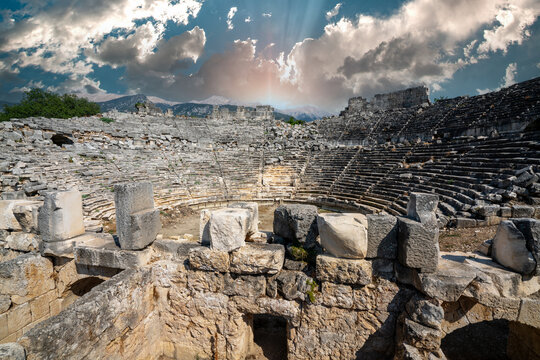 Tlos Ancient City, one of the most important settlements of Lycia (Likya). Beautiful cloudy sky in the background Fethiye - TURKEY