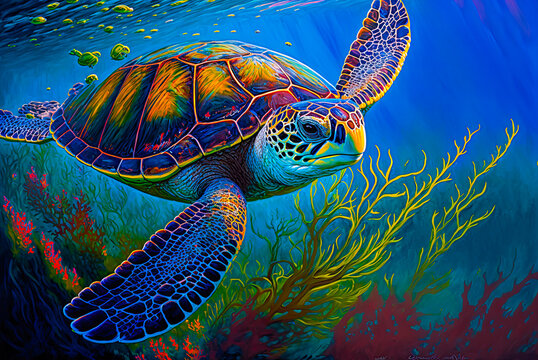 Sea turtle, acrylic painting. Generative AI
