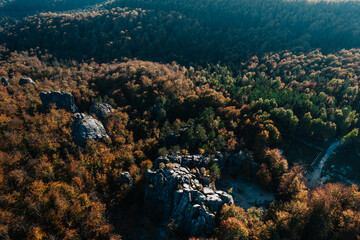 Dovbush rocks and a view of them from a height, a photo of Dovbush rocks from a drone in autumn.