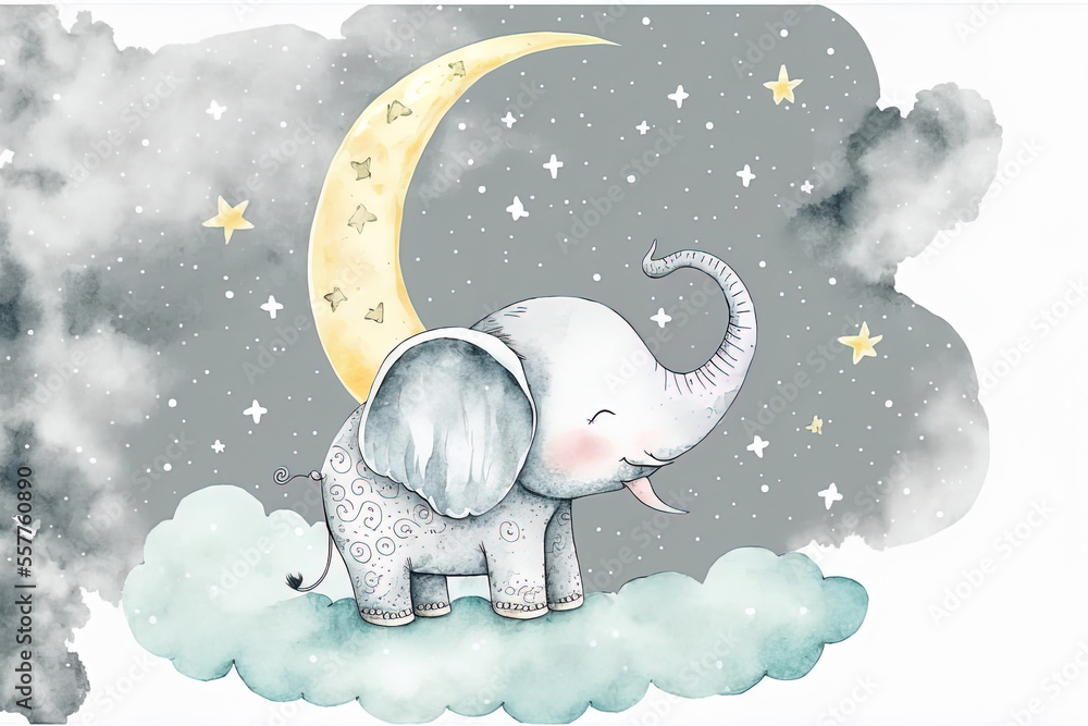 Poster Elephant Moon Clouds and Stars Watercolor Illustration of Animals Isolated on White Background for Book Cover, Print, Baby Shower, Nursery Decorations, Birthday Invitations, Poster, and Greeting Card