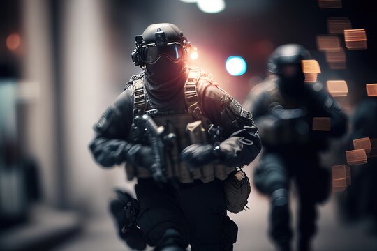 SWAT, blurred motion. Photorealistic illustration. Generative art