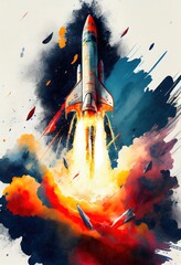 Space rocket launch. Colorful watercolor Illustration generated by ai. Generative art	