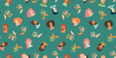 Vector seamless pattern with cute young women and men in love. For Happy Valentine s Day concept and other use.