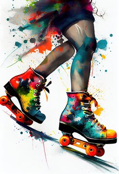 Female legs and vintage roller skates. Colorful watercolor illustration. Generative art