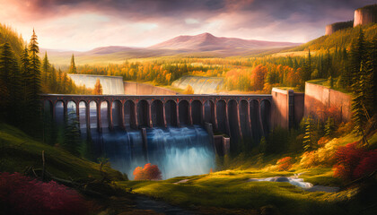 A large hydropower plant on a dam in an autumn landscape with a lake and mountains. Generative AI