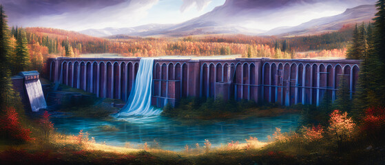 A large hydropower plant on a dam in an autumn landscape with a lake and mountains. Generative AI