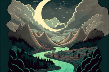 Beautiful landscape with a river and a lunar month in the sky
