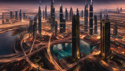 Futuristic cityscape set against a desert. The vibrant colors architecture of Dubai are captured in this abstract piece,showcasing the city's futuristic vision and innovative design. Generative AI
