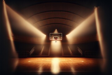 Interior view of an illuminated basketball stadium for a game. Generative AI - obrazy, fototapety, plakaty
