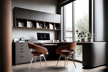 Corner of grey and brown office interior with desk, stylish niche, cabinets, panoramic view, three rolling chairs and concrete floor. Concept of modern CEO work place design. Generative AI