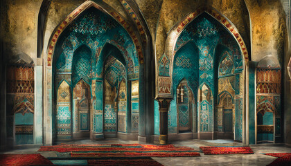 Fototapeta premium Majestic mosque located on a sandy desert, surrounded by towering dunes and a clear blue sky. Generative AI