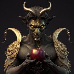 Devil with apple in his hands. Devil offers apple to you. Concept of seduction.