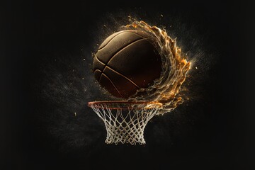 Sport concept. Basketball. Scoring basket with black background and empty space. Regular season or Playoffs game concept. Generative AI