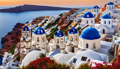 Naklejka premium Blue white village city on a cliff.
