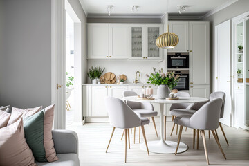 Warm pastel white and beige hues are used in the interior design of the big, cheerful studio apartment in the Scandinavian style. Modern touches in the kitchen and fashionable furnishings in the livin