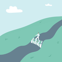 Concept: book is source of knowledge.Tiny man crosses river on bridge consisting of books. Book as aid in overcoming difficulties and obstacles in life.Hand-drawn vector