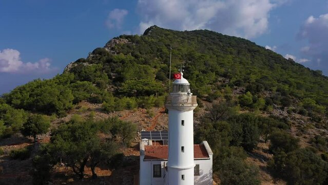 Gelidonya Lighthouse and Sea. Antalya, Turkey. Aerial View. Drone is Orbiting