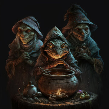 Three frog like witches around a cauldron AI Generative	