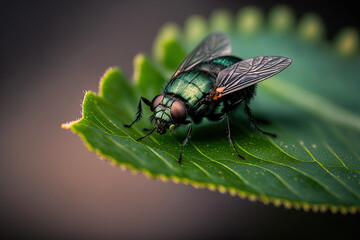 Naklejka premium A black fly is seen closely perched on a leaf in green. Generative AI