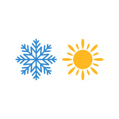 Weather forecast symbols. Snowflake and sun vector icon on white.