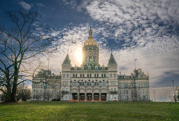 Hartford, CT - USA - Dec 28, 2022 Sunset view of the historic Connecticut State Capitol, The...