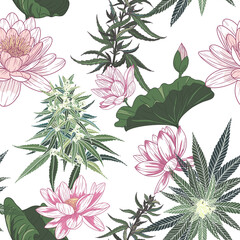 Lotuses and cannabis flowers and leaves. Seamless vector pattern with handdrawn illustrations
