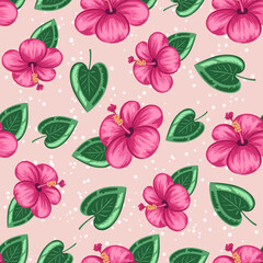 Hibiscus flowers and green leaves. Seamless vector pattern with hand drawn illustrations