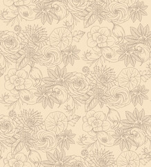 Roses, kalas, curly leaves and plants. Seamless pattern with hand drawn vector outline illustrations on floral theme
