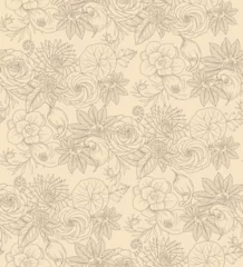 Foto op Aluminium Roses, kalas, curly leaves and plants. Seamless pattern with hand drawn vector outline illustrations on floral theme © Hanna Symonovych