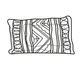 Pillow with decor. Coloring book. Black and white vector illustration.