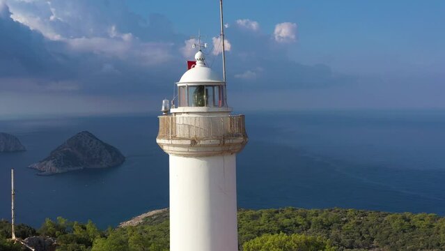 Gelidonya Lighthouse and Sea. Antalya, Turkey. Aerial View. Drone is Orbiting