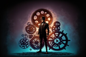 A man stands near the gears, the industrial age